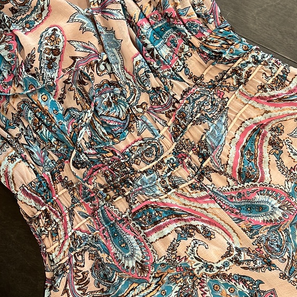 Free People Metallic Tan Gold Dust Jumpsuit Wide Leg Smocked Lined M  NWOT - Picture 14 of 16